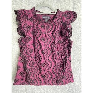Amaryllis Embroidered Eyelet Flutter Sleeve Blouse Purple Black S Romantic Boho‎